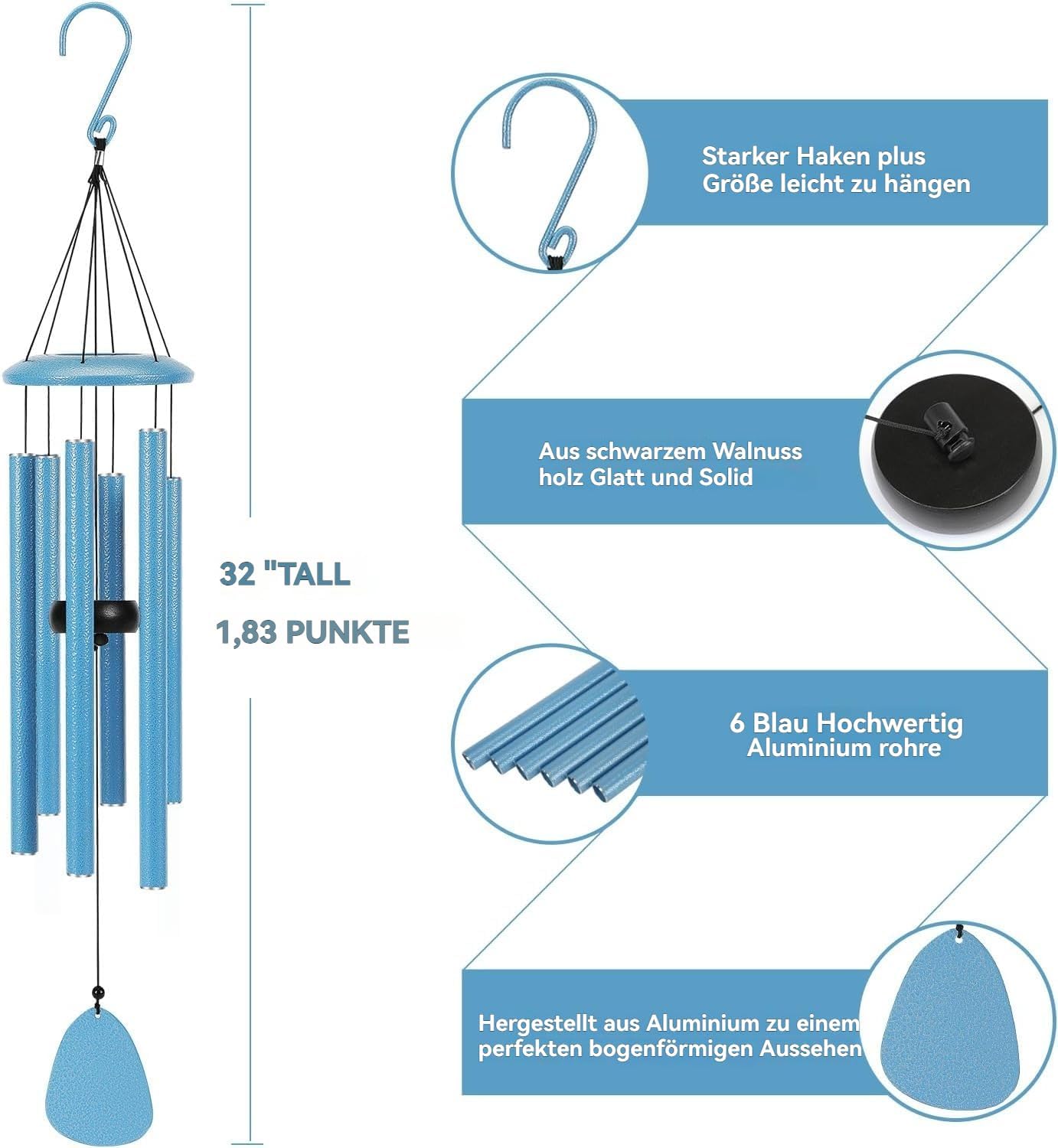 Windspiel mit 6 Röhren, 32" Blau