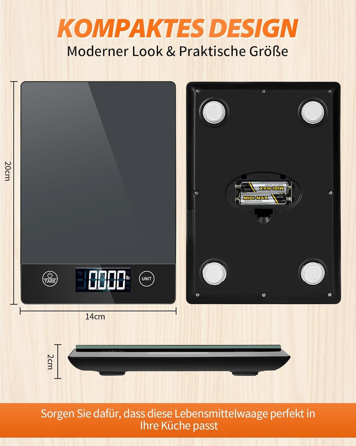 Digitale Küchenwaage K211H mit LCD-Display und Tara-Funktion, Glas Grau