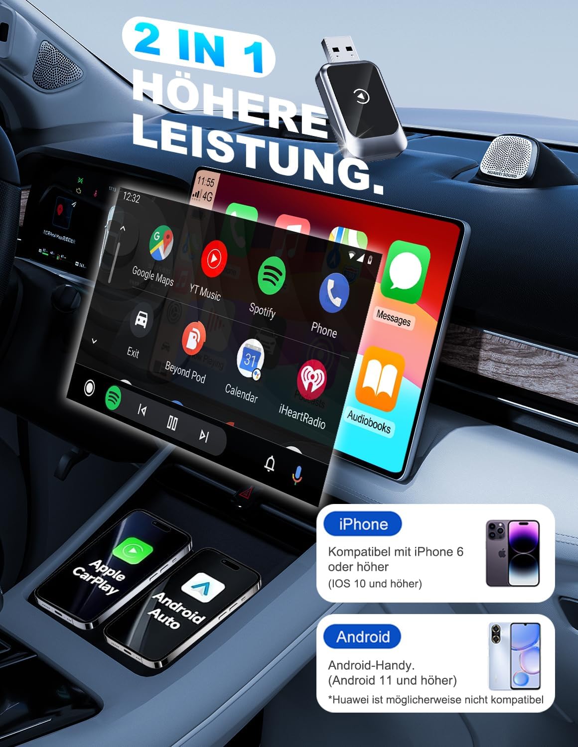 2-in-1 Carplay & Android Auto Adapter, Schwarz