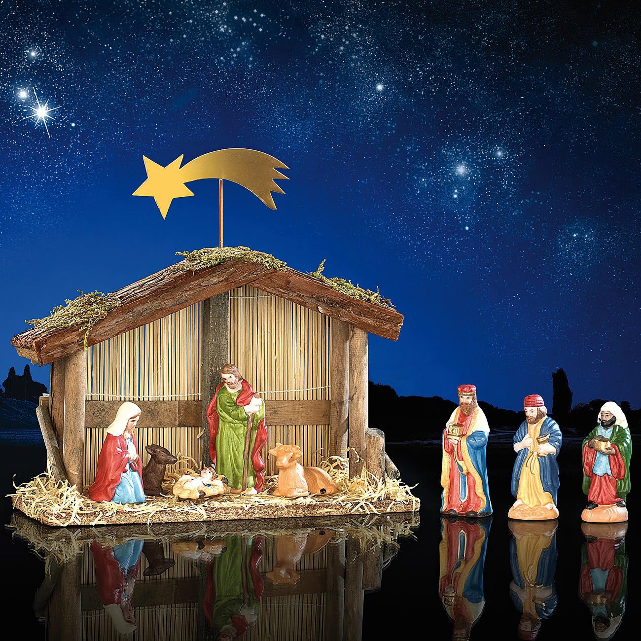 Weihnachtskrippe mit Porzellan-Figuren