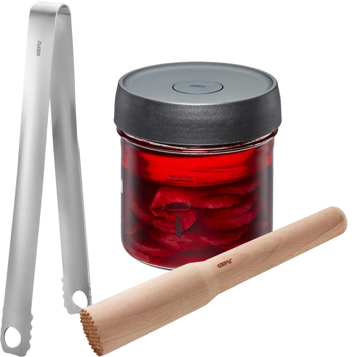 Fermentierglas-Set mit Zange und Stössel, 0,5 Liter (mit Stössel und Zange)