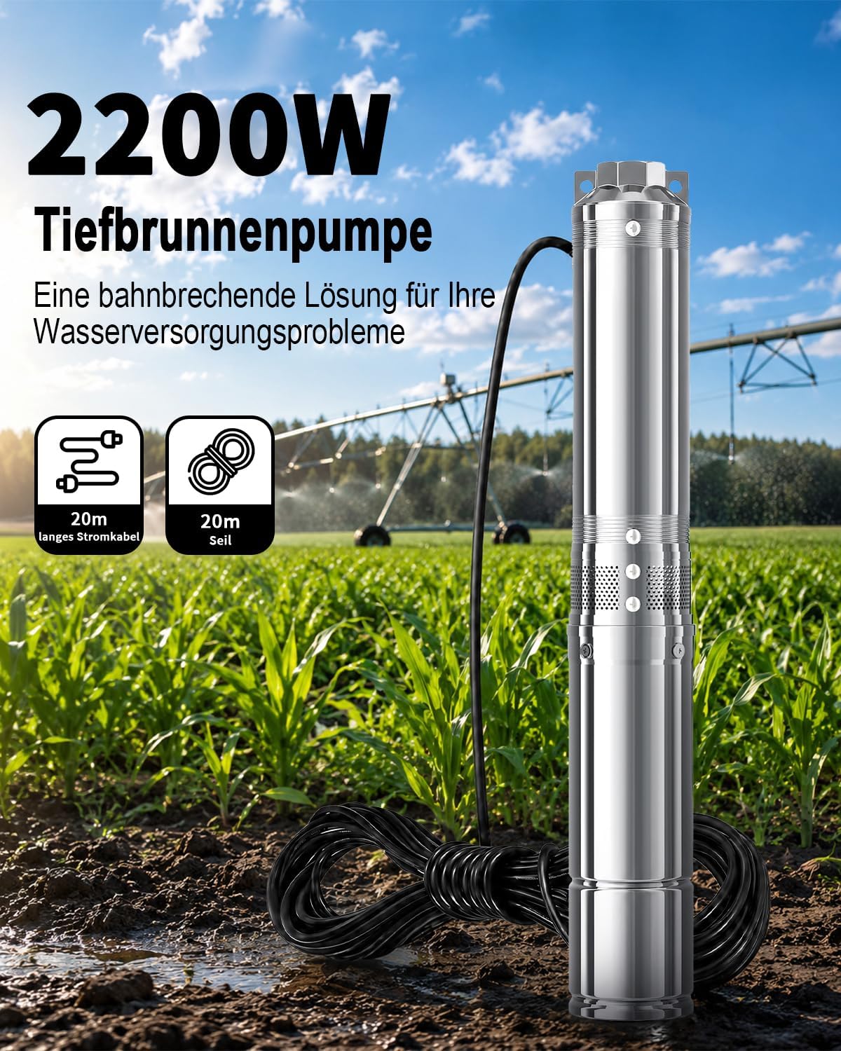 Tiefbrunnenpumpe, 170 L/min 144M mit Steuerkasten