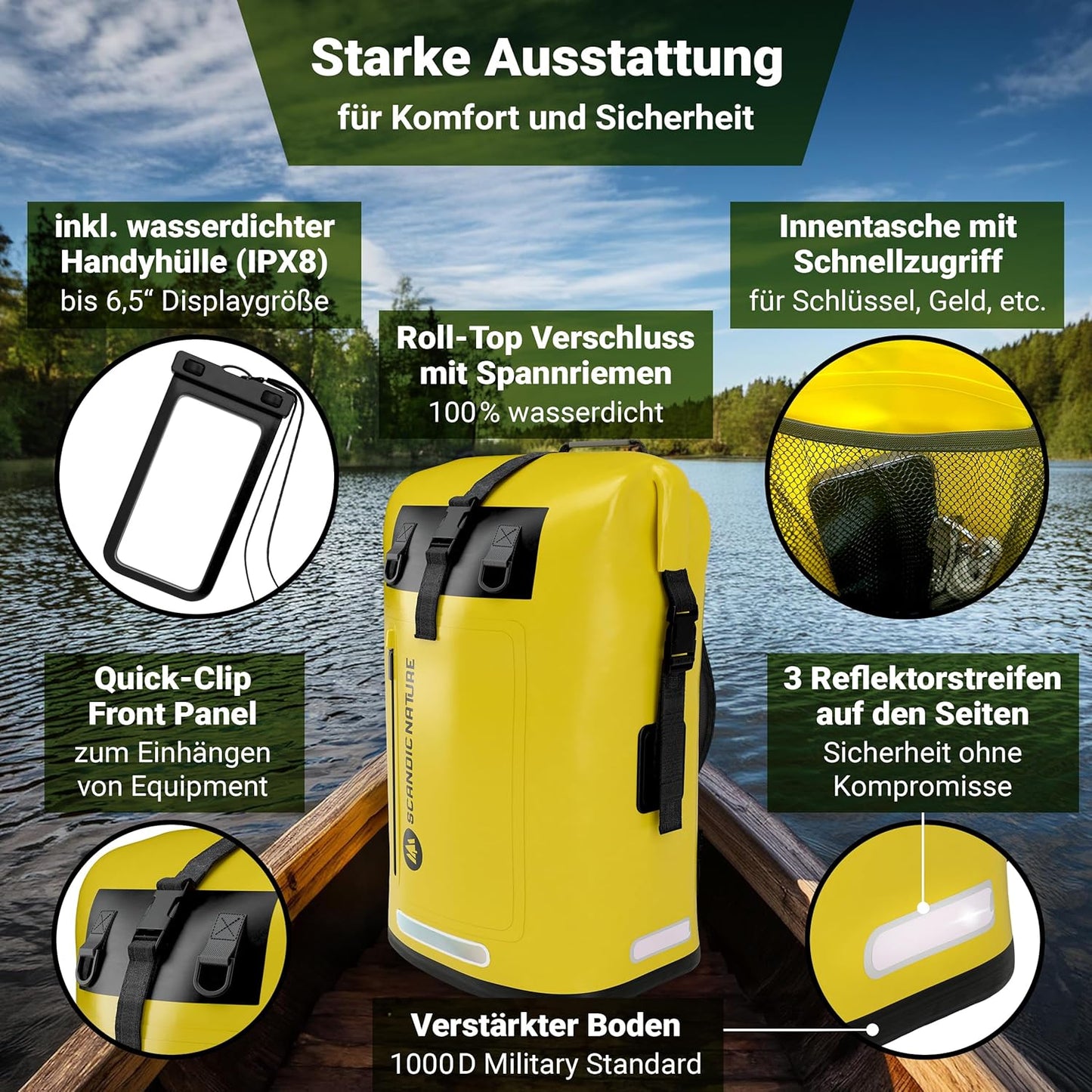 Wasserdichter Rucksack mit Rolltop-Verschluss und Handyhülle, Gelb 55 Liter
