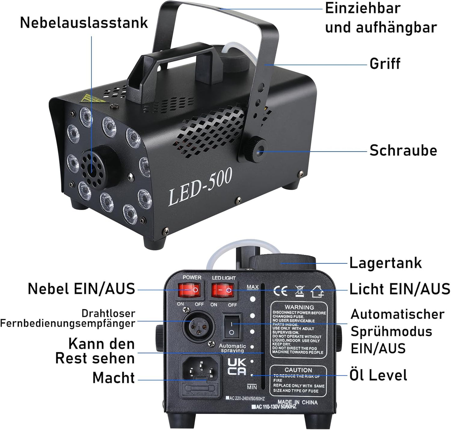 Mini-Nebelmaschine mit LED-Licht und Fernbedienung, 23*13.5*12 cm