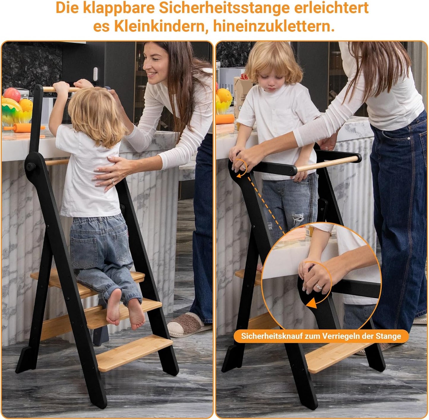 Klappbarer Lernturm, Schwarz mit Naturholz
