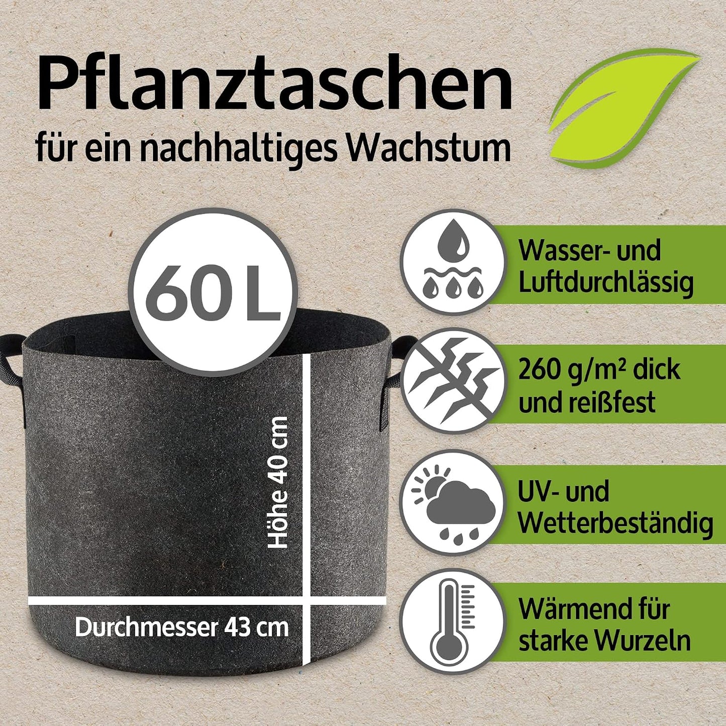 Pflanzsäcke-Set aus Vlies, 3 Stück x 30 Liter + 3 Stück x 60 Liter