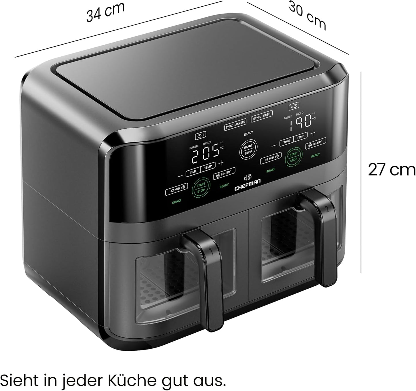 Heissluftfritteuse mit Easy-View-Fenster, Black 5,6L Doppelkorb