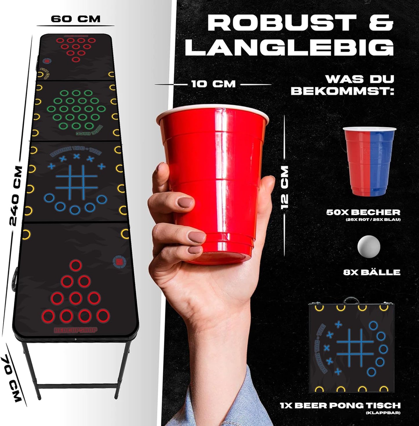 Beer-Pong-Set 4-in-1, Tisch, Becher & Bälle