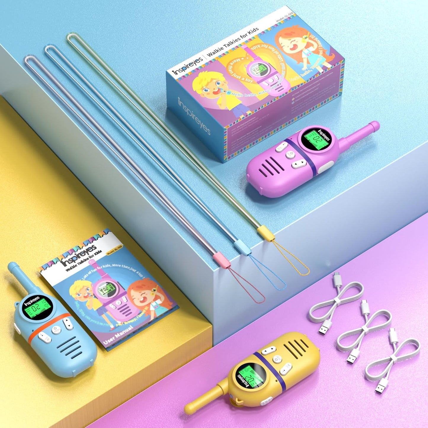 3 x Walkie Talkies für Kinder, Rosa+Gelb+Blau 3er Set