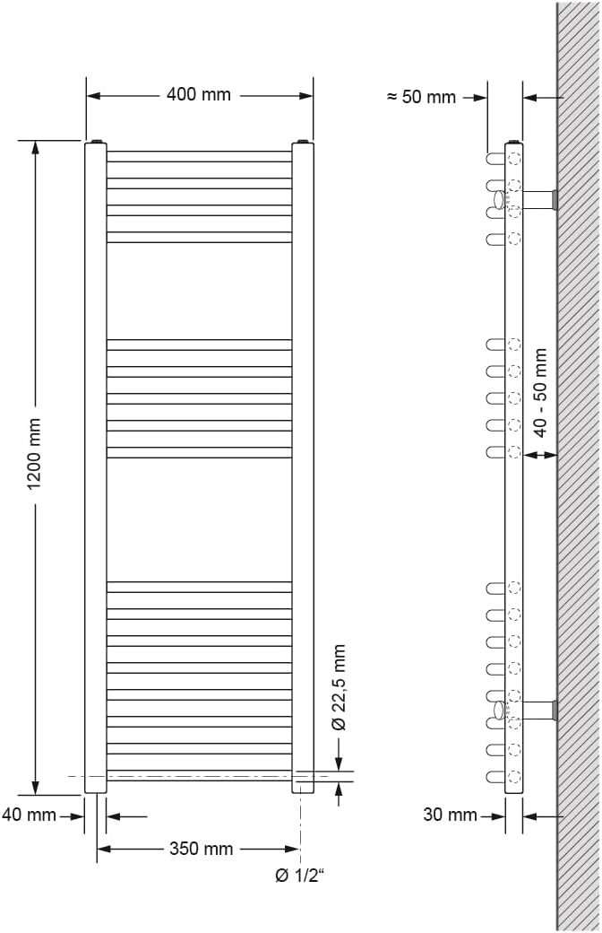 Elektrischer Badheizkörper mit Heizstab 900W, 400x1200 mm gebogen mit Heizstab 900W Weiss