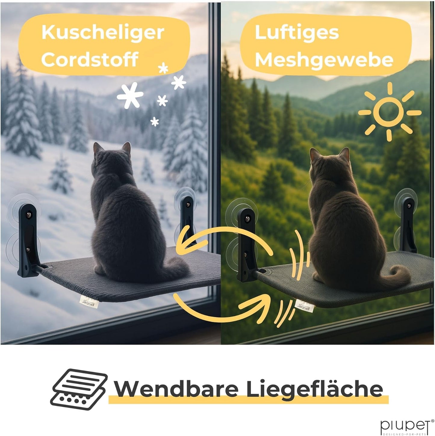 Schwebende Katzenfensterliege mit Saugnäpfen, Grau Gross