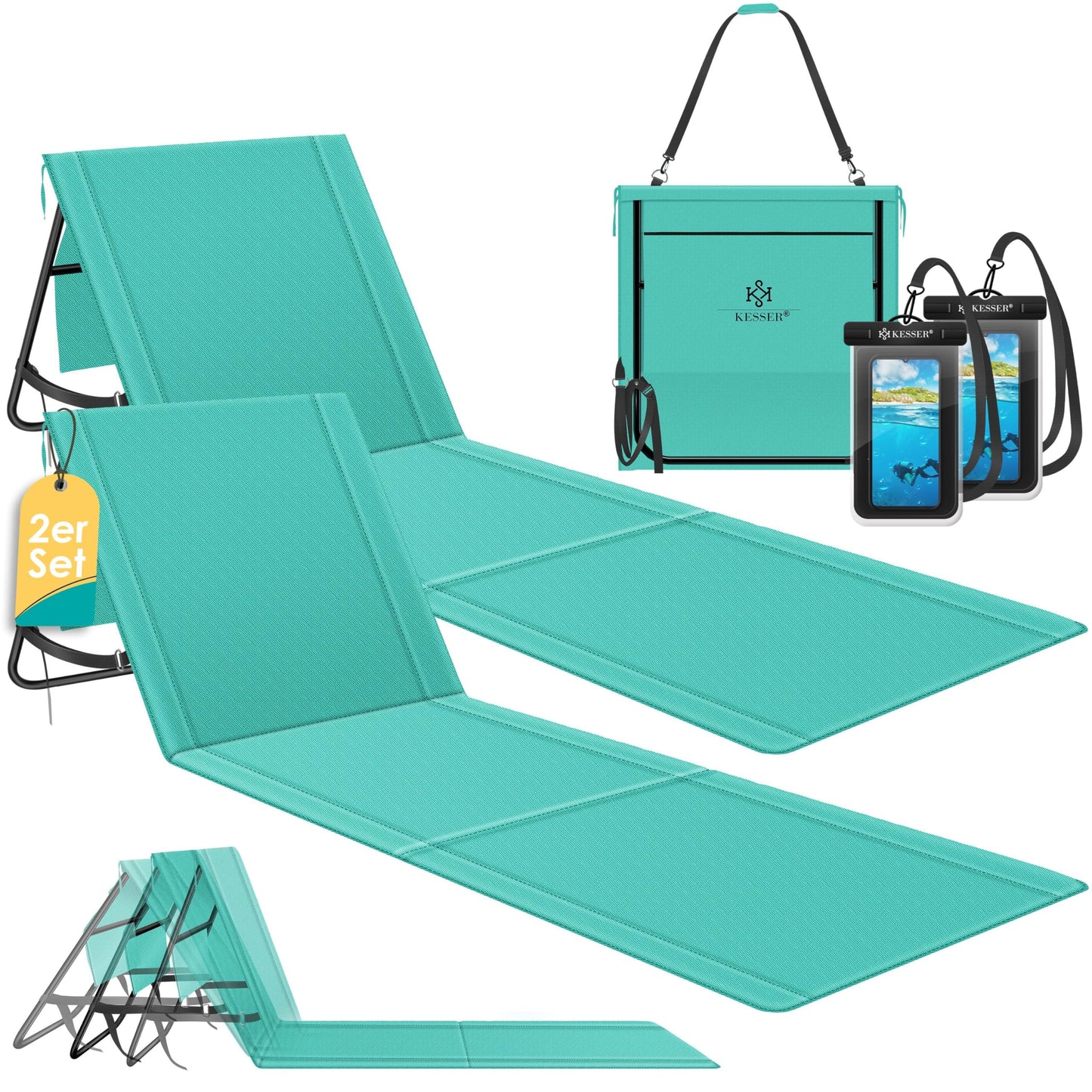 Klappbare Strandmatte mit verstellbarer Rückenlehne und Tragegurt 2er-Set, 2 Stück Aqua Blue