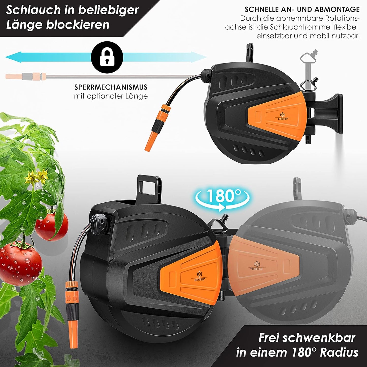 Schlauchtrommel mit 2-Wege-Verteiler & Handbrause, 30 Meter Orange