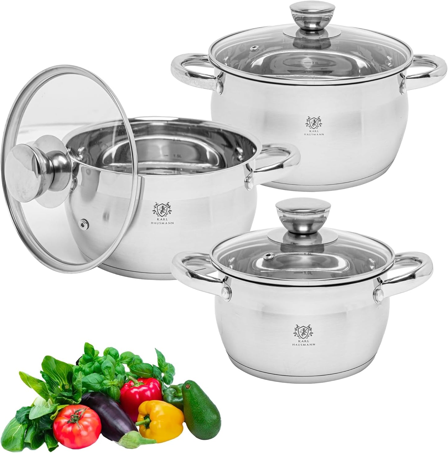 3-teiliges Topfset mit Glasdeckel