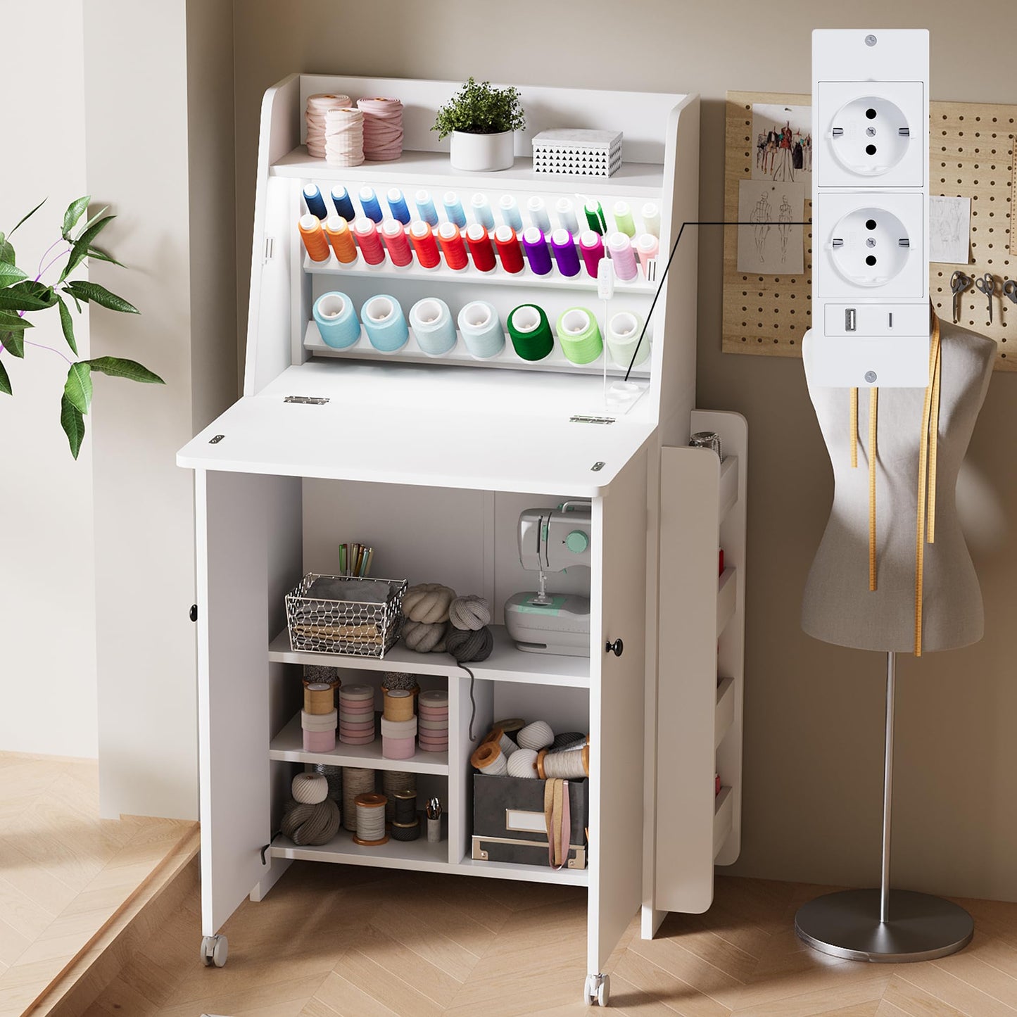 Klappbarer Nähschrank mit Garnhalter & Steckdosen