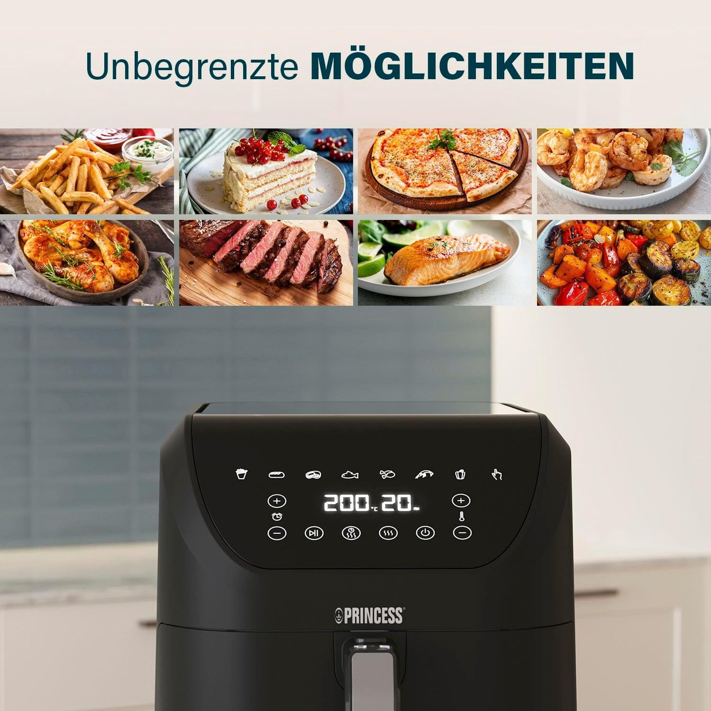 SlimFry Heissluftfritteuse mit 8 Programmen, Weisse Symbole 8 l