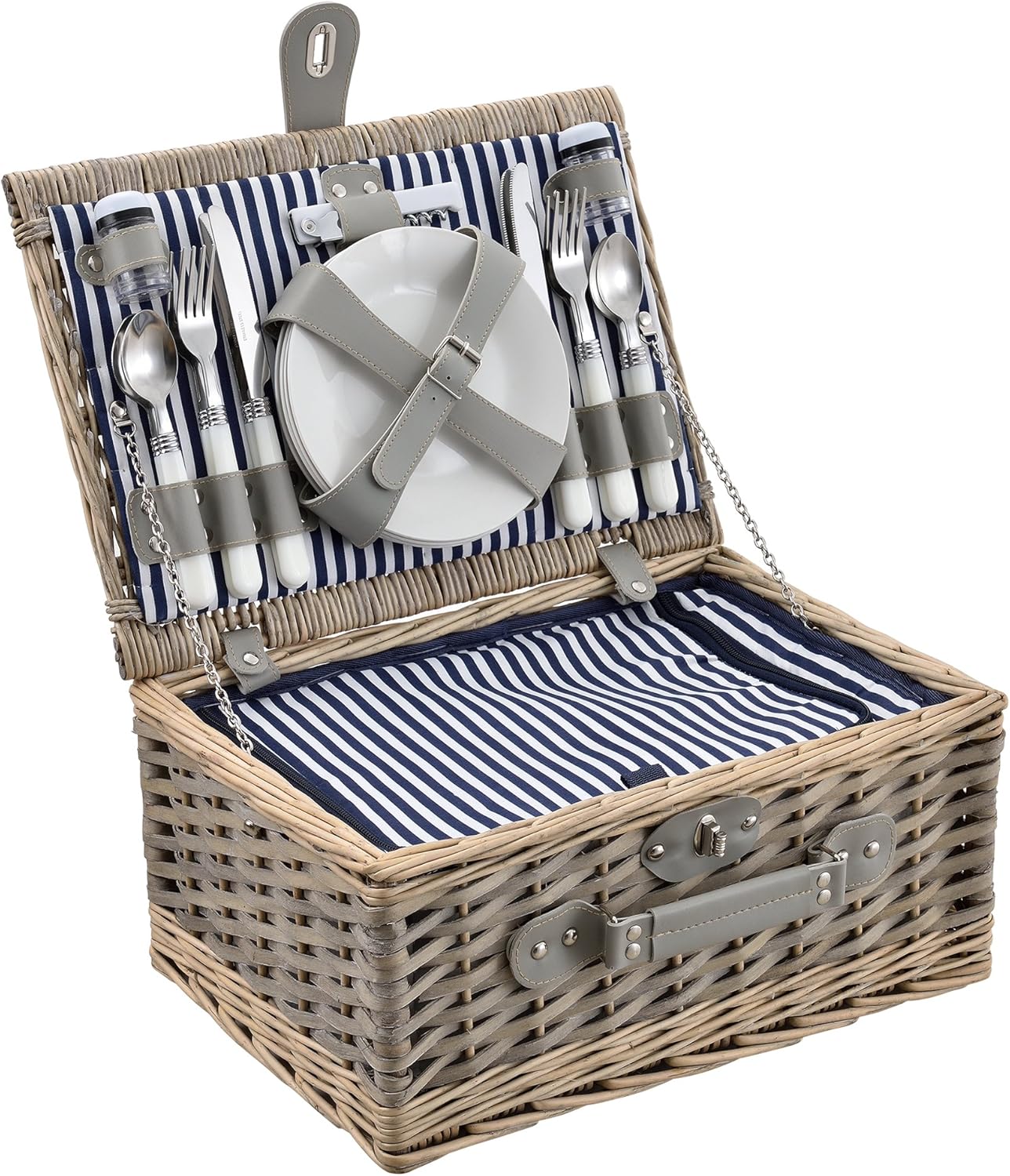 Lysaker - Picknickkorb-Set für 4 Personen mit Kühltasche, Blau-weiss 40 x 28 x 19 cm
