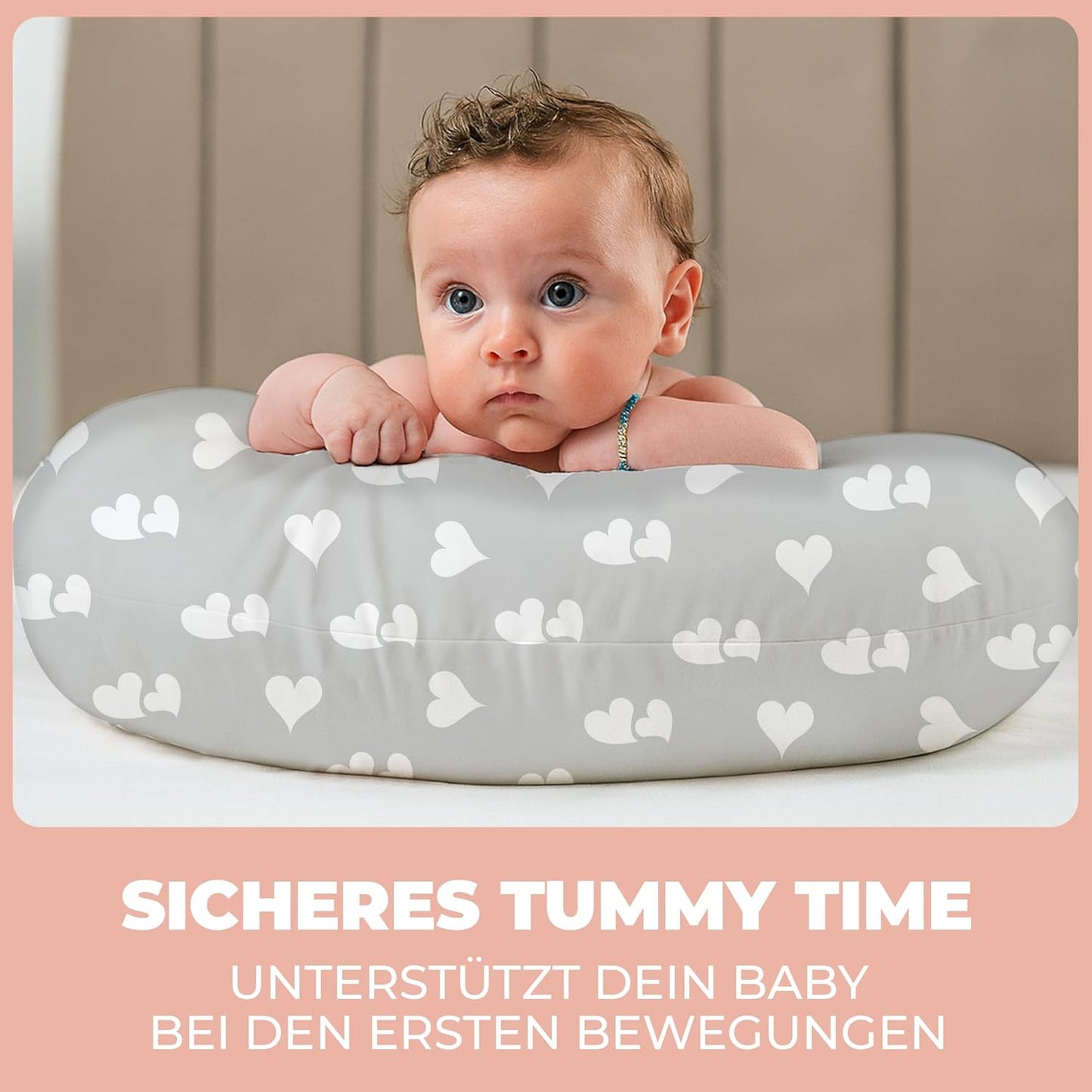 Ergonomisches Schwangerschafts- und Stillkissen XXL, Grau mit Weissen Herzen Stillkissen XXL