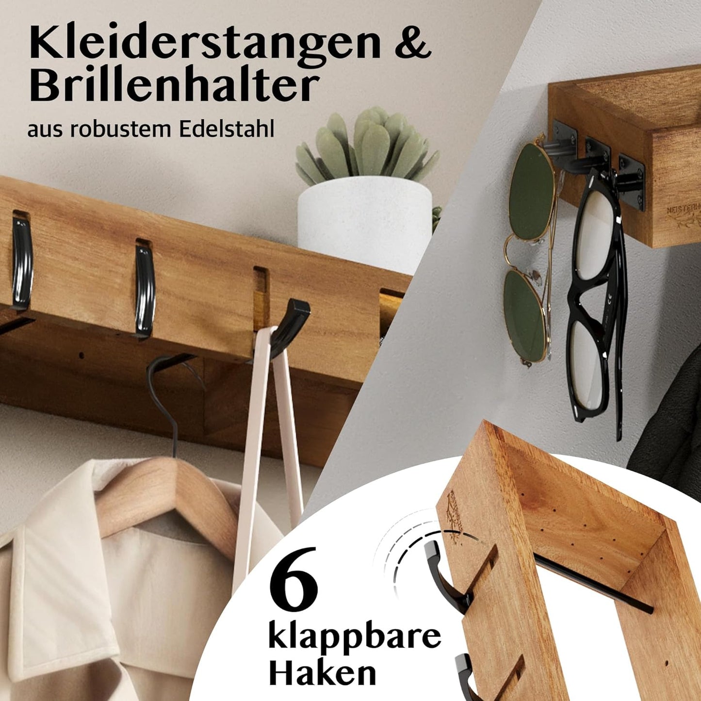 4in1 Wandgarderobe mit Ablage und Kleiderstangen, Dunkelbraun (Akazie)