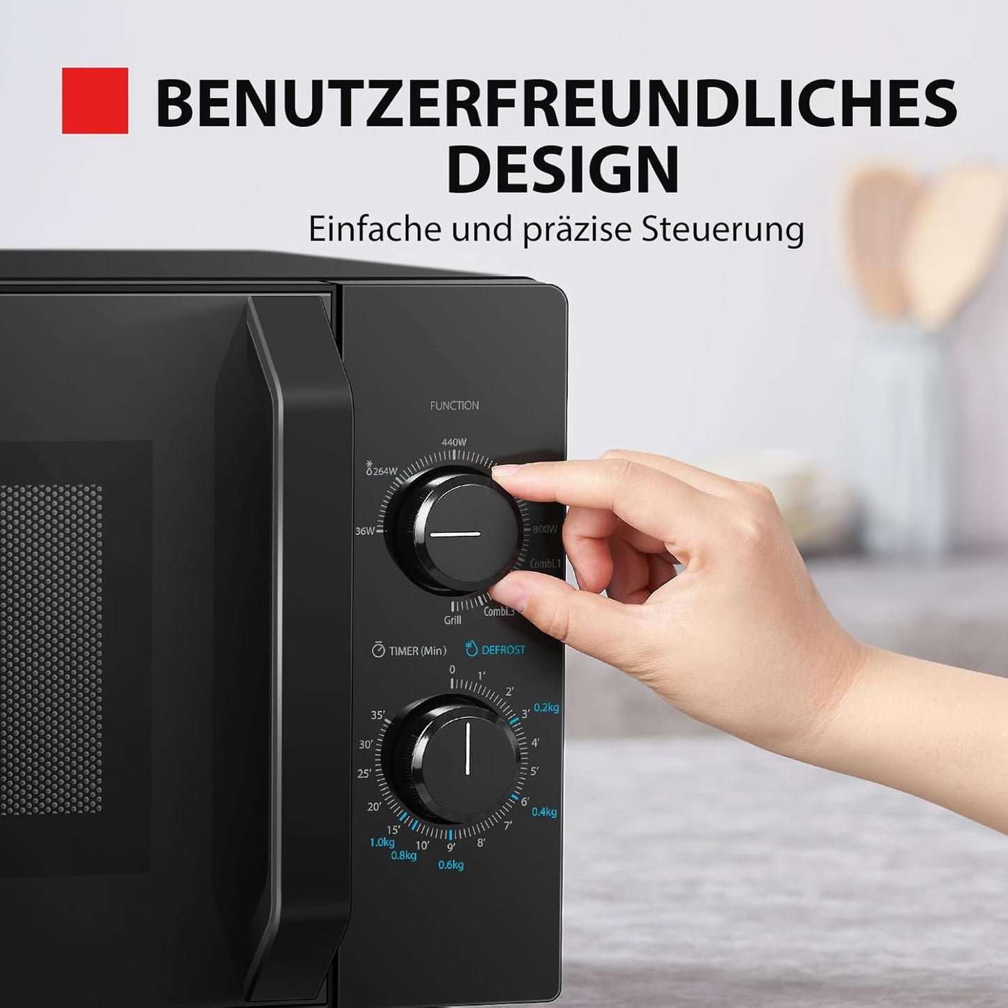 Solo-Mikrowelle mit 5 Leistungsstufen und Auftaufunktion, Schwarz,20L