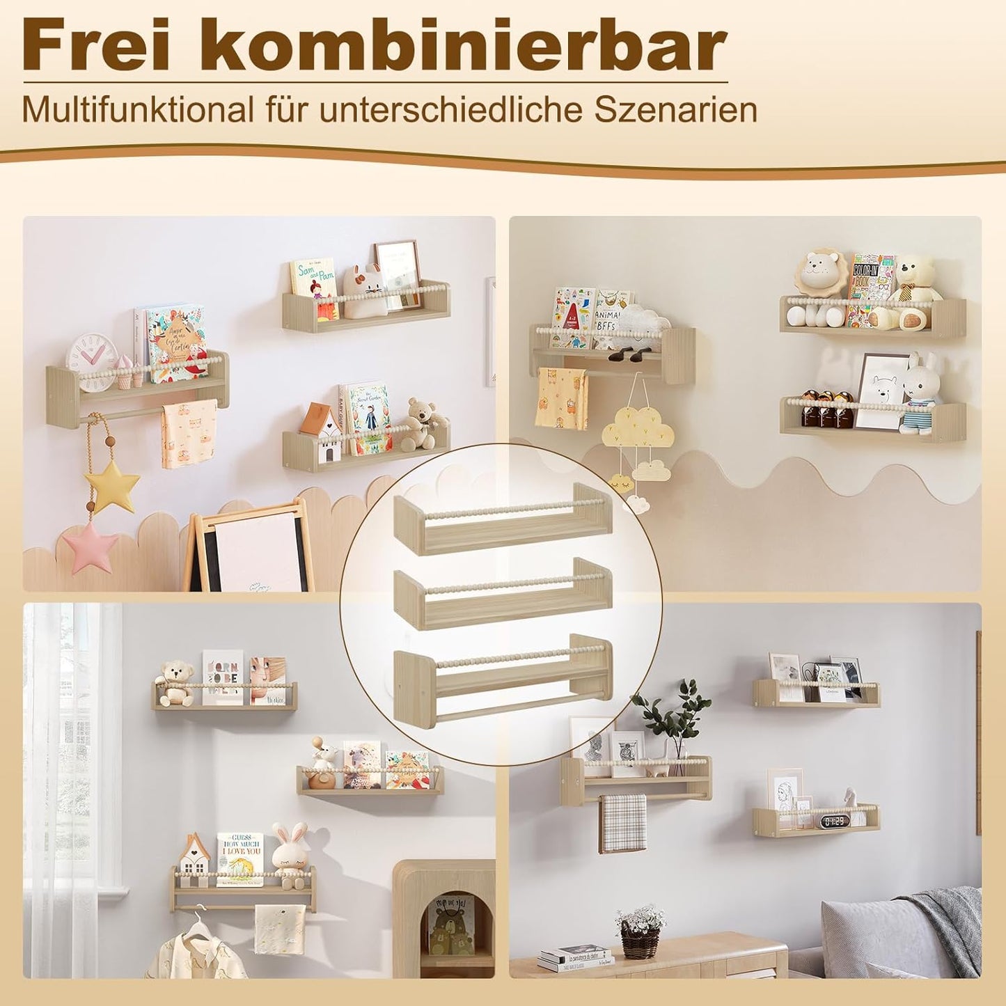 3er-Set Kinder-Bücherregal für die Wand, 50 x 15 x 14 cm Naturholzfarbe