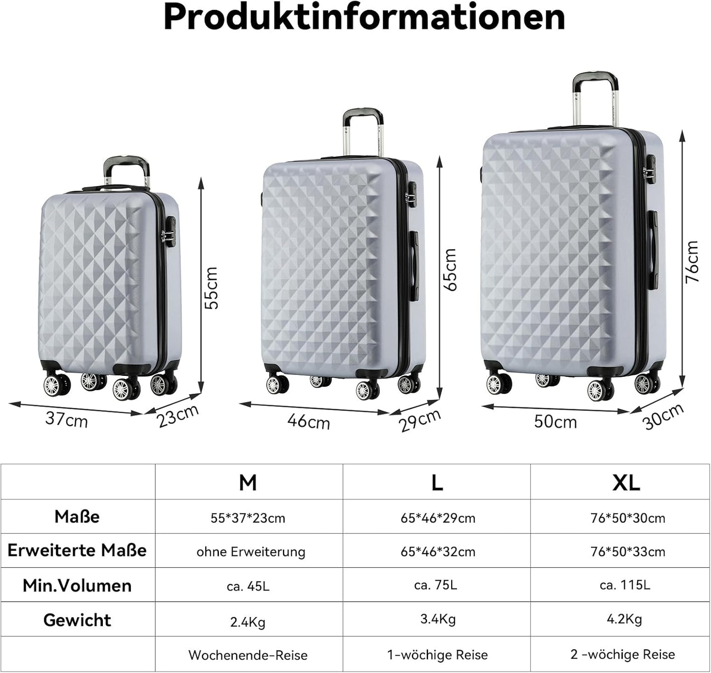 3-teiliges Kofferset mit Zwillingsrollen, Silber