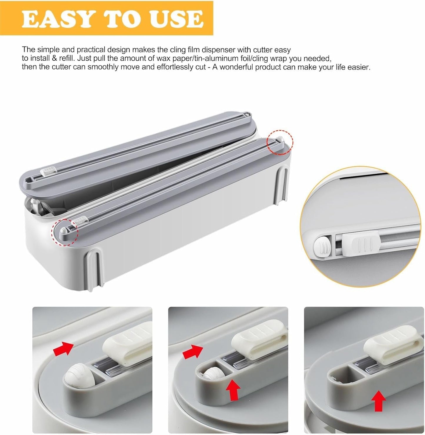 3-in-1 Frischhaltefolienspender mit Folienschneider und Küchenrollenhalter, Weiss