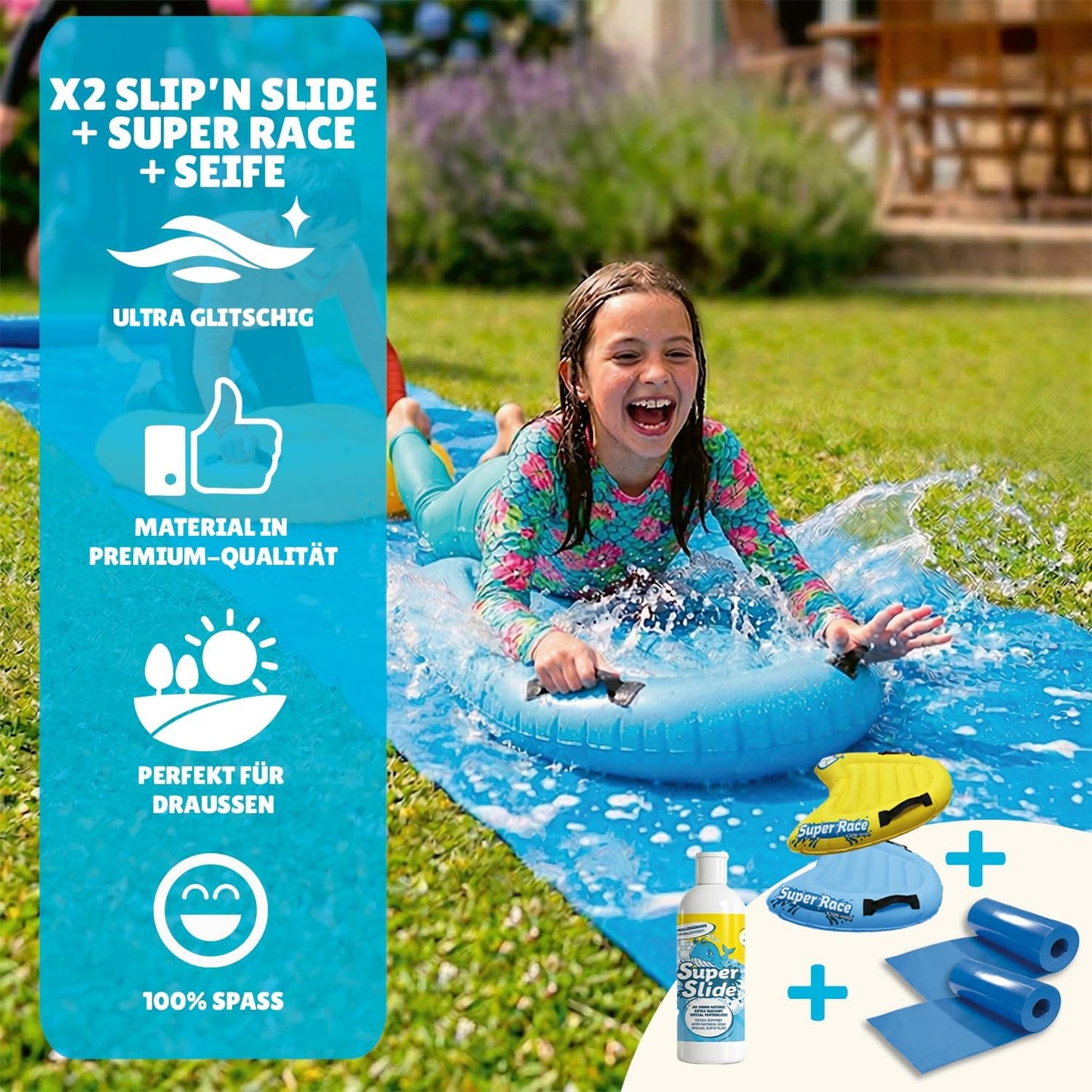 2 Stk. Slipn’Slide Wasserrutschmatten mit Bodyboards, Wasserrutschen x2 + Bodyboards + Seife x1