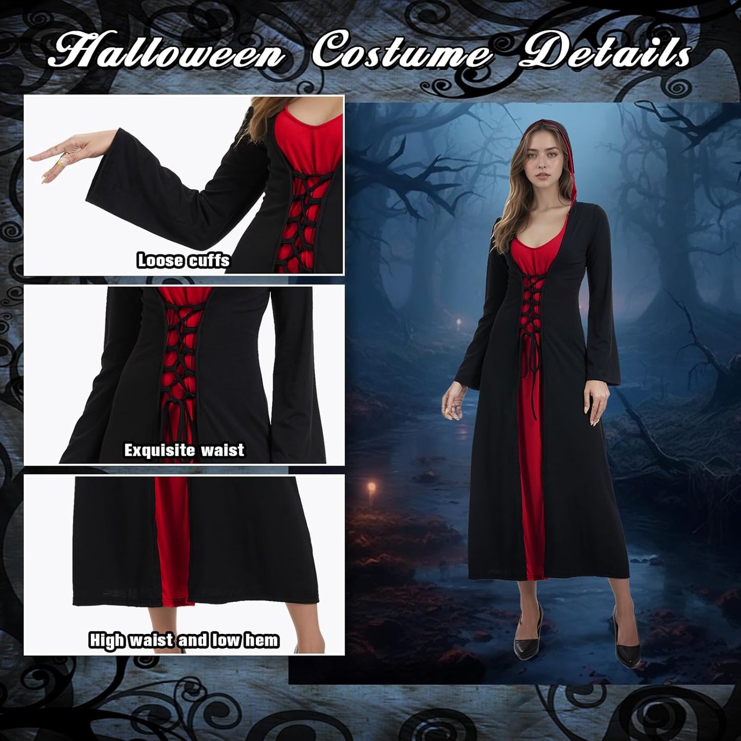 Mittelalter-Kostüm mit Kapuze für Halloween, S Schwarz und Rot