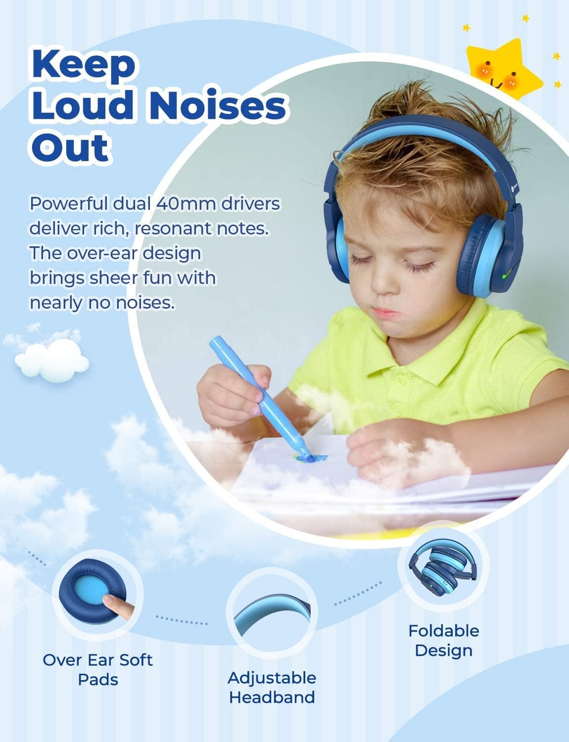 Bluetooth-Kinderkopfhörer mit LED-Leuchten, Blau