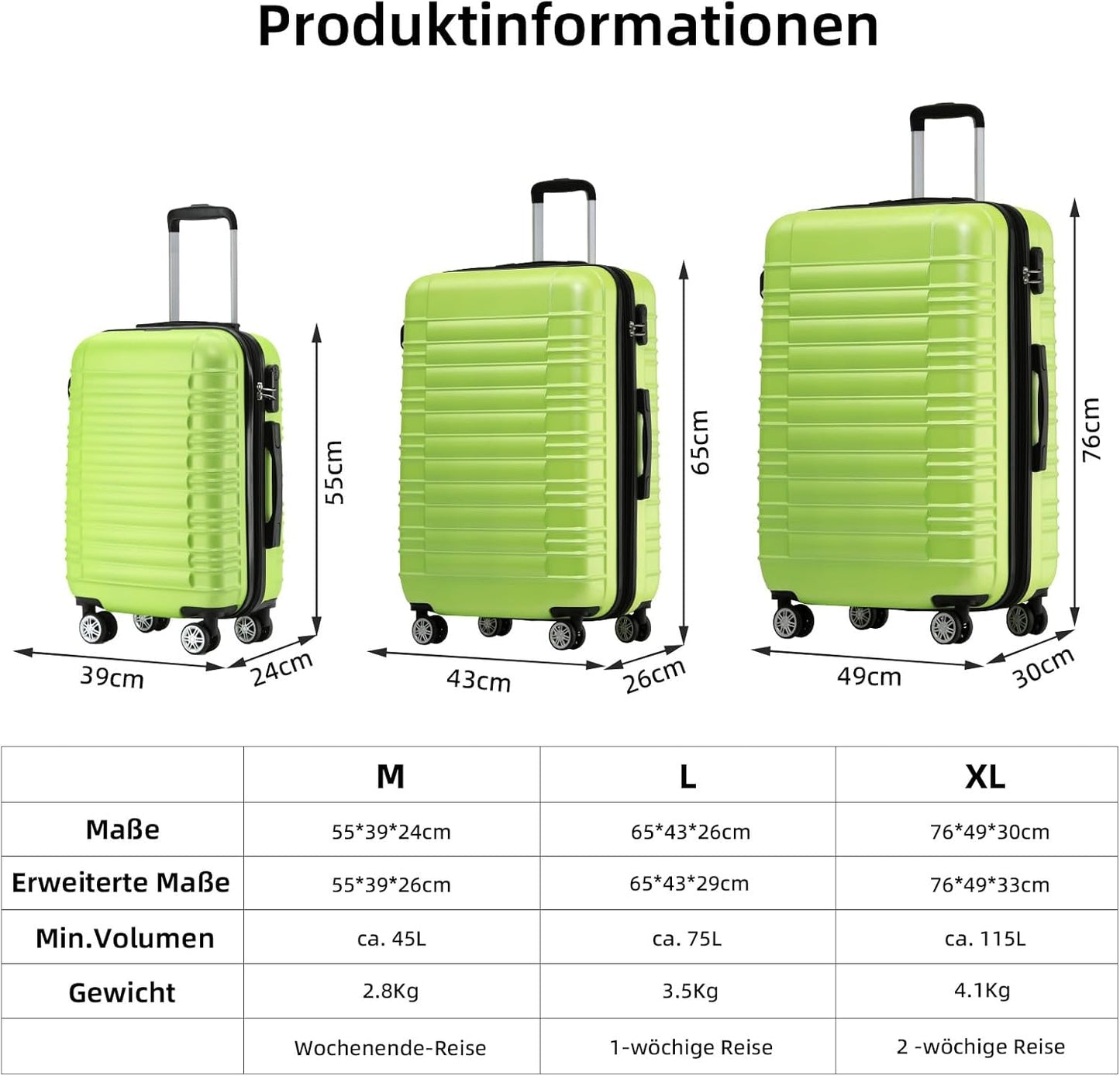 3-teiliges Hartschalen-Koffer-Set, Grün Set