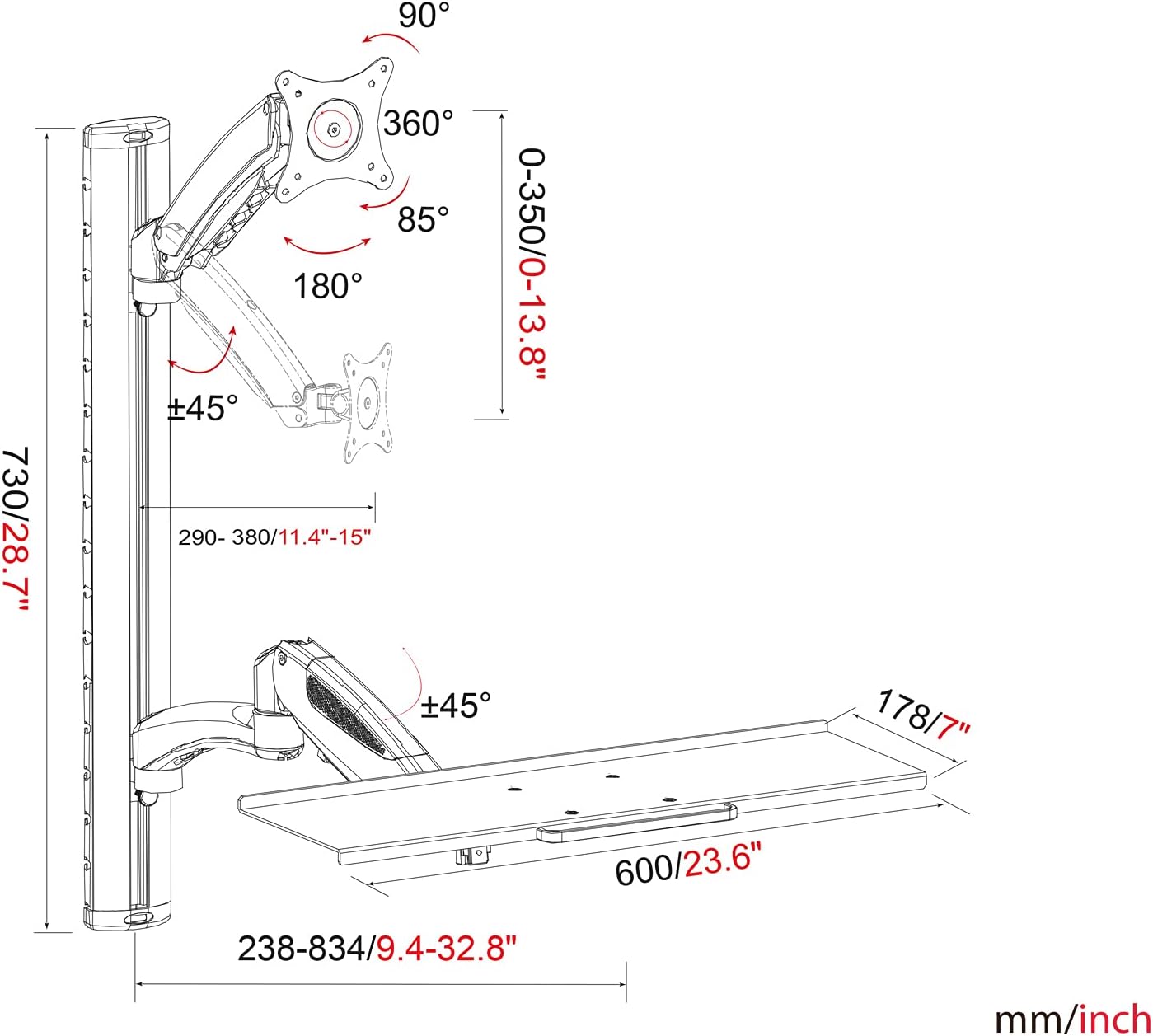 Flexible Monitorhalterung mit Tastaturablage, Halterung mit Tastaturablage Bis 27" | Max.: 6 kg | VESA: 75x75 bis 100x100 mm Silber