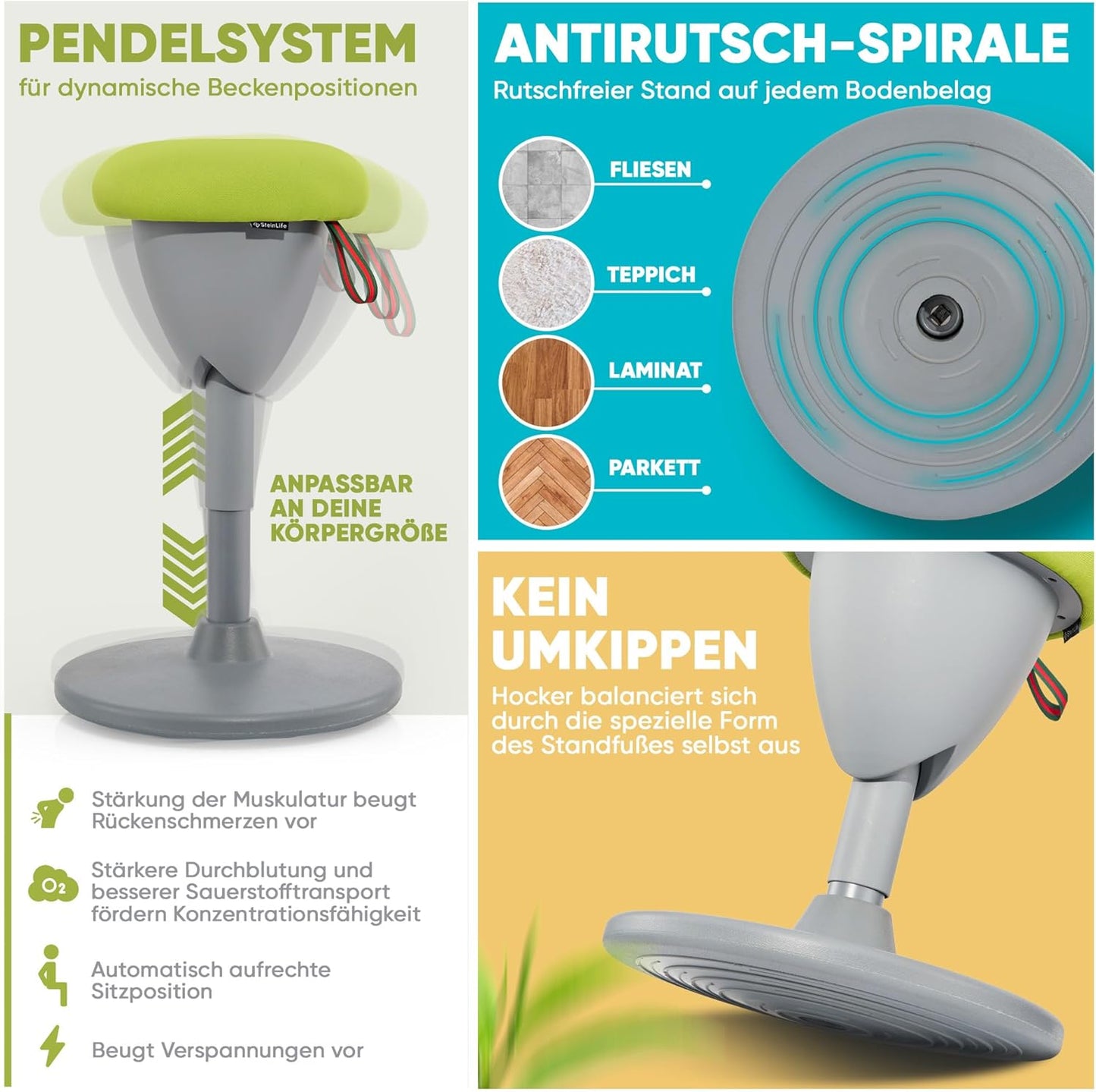 Ergonomischer Bürohocker höhenverstellbar, 48-68cm, Grün Sitzhocker