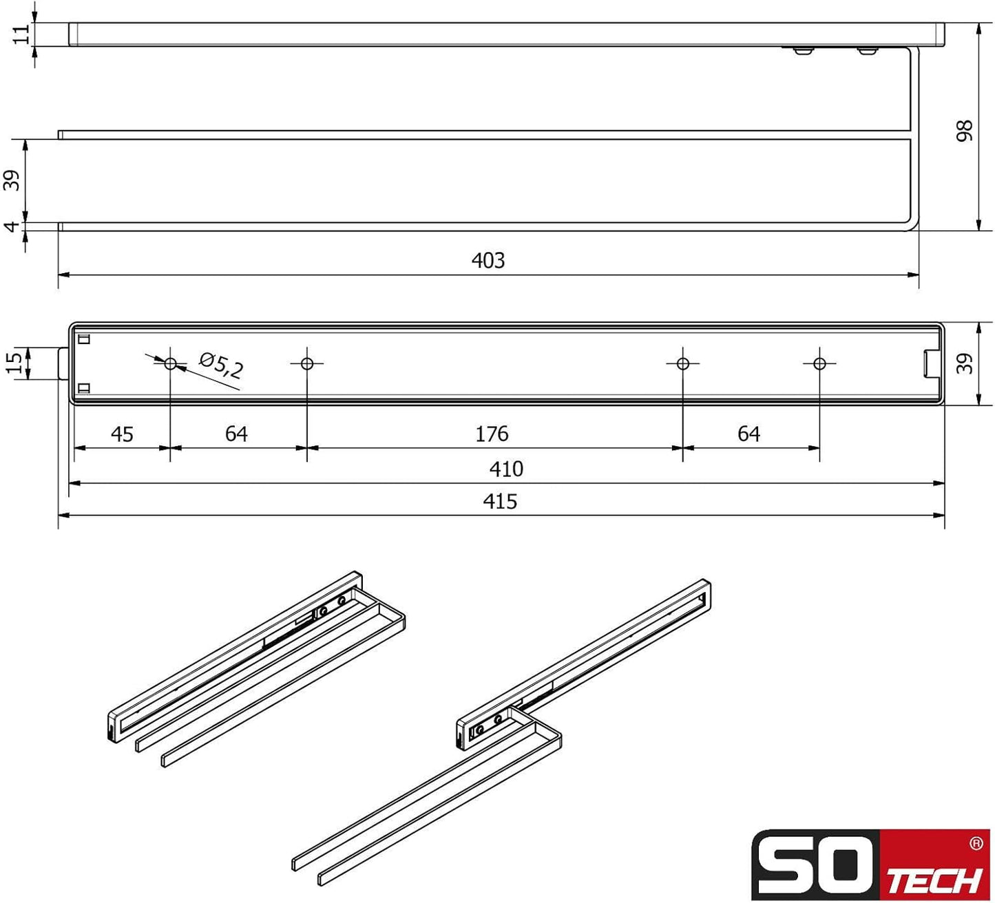 Handtuchauszug 2-armig für Seitenmontage (eckig), 2-armig eckig 415 mm Chrom Poliert