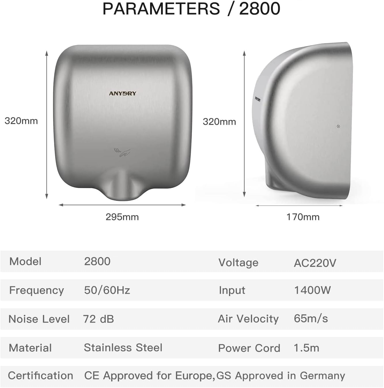 Elektrischer Händetrockner Edelstahl 1400-1650W, Gebürstet