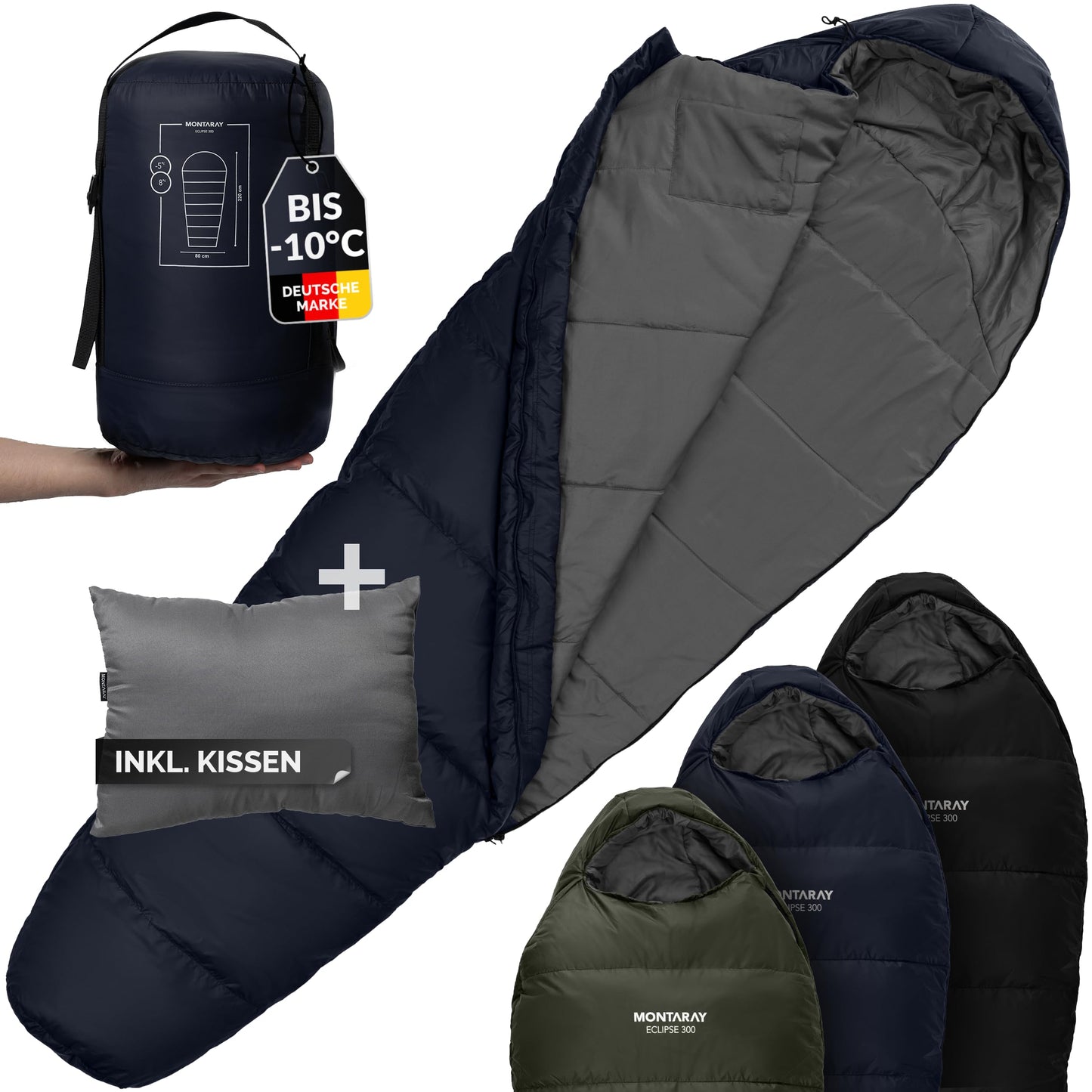 Mumienschlafsack mit Kissen, Blau
