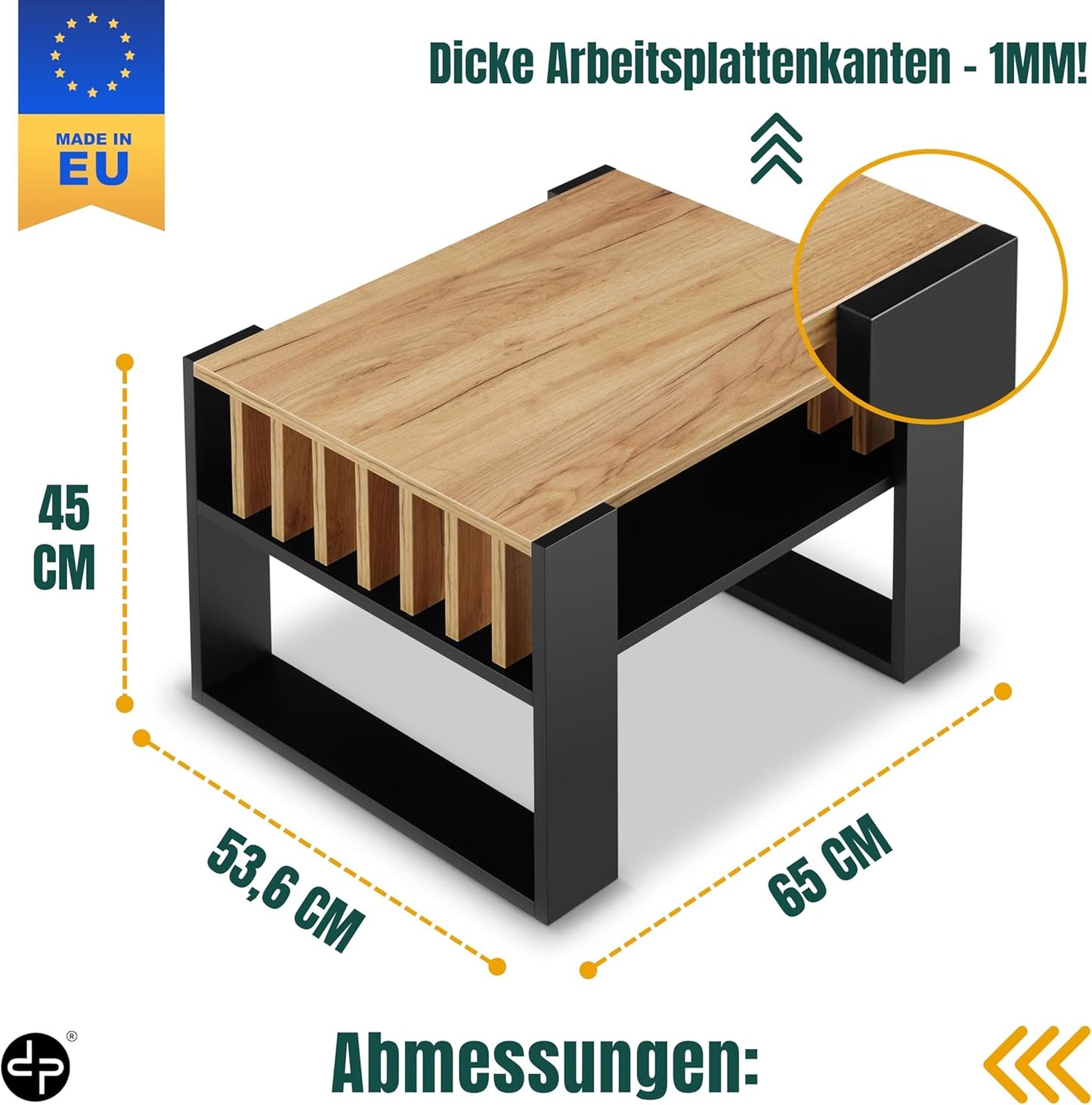 Kleiner Couchtisch mit Stauraum und Lamellen-Design, Schwarz + Eiche