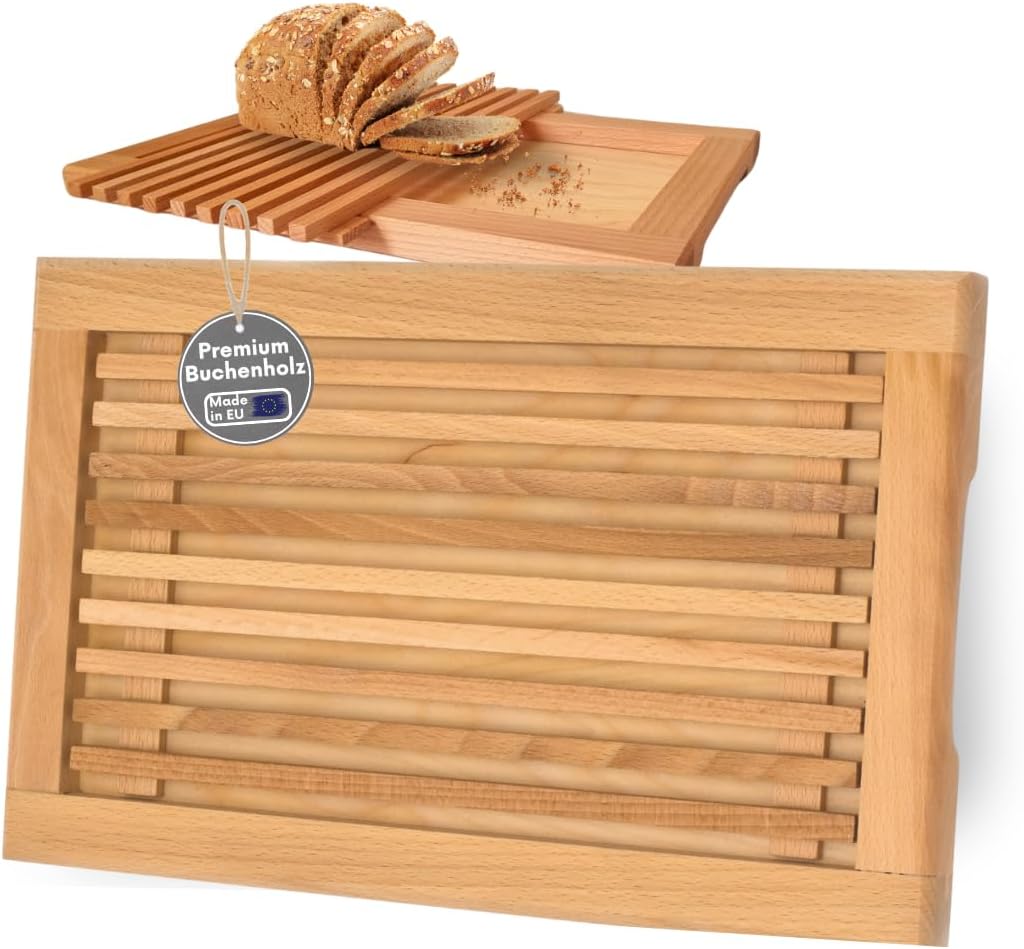 Brotschneidebrett mit Krümelgitter & Griffmulden, Brotschneidebrett Buchenholz