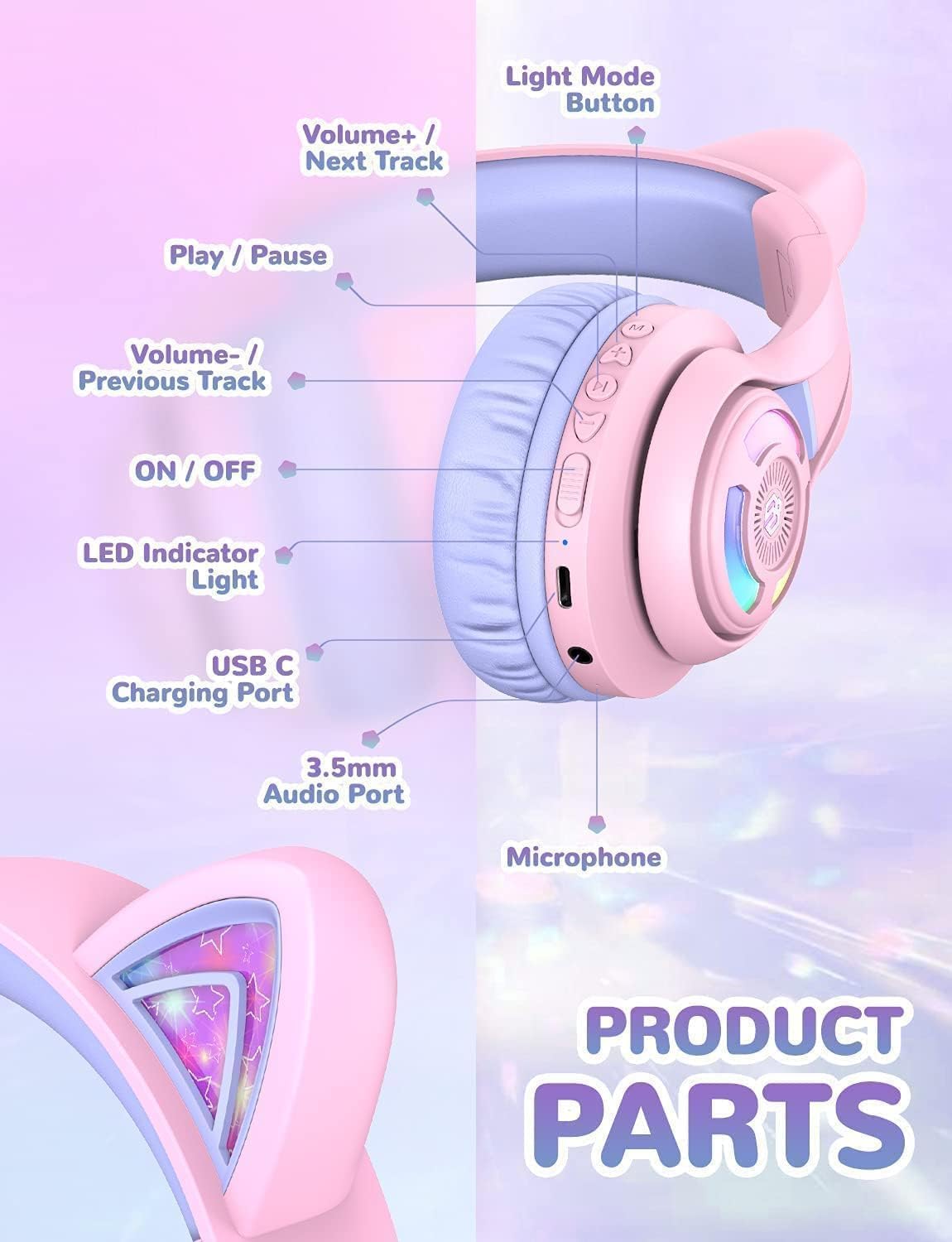 Bluetooth-Kinderkopfhörer mit Lautstärkeregler, Lila