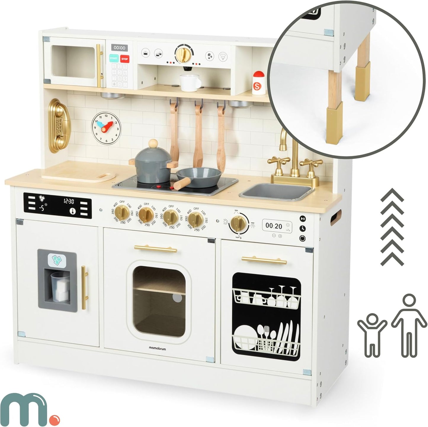 Höhenverstellbare Kinderküche mit LED, Eiswürfelbereiter, Mikrowelle, Kochfeld und Spülmaschine, Holz-kinderküche mit Led-beleuchtung