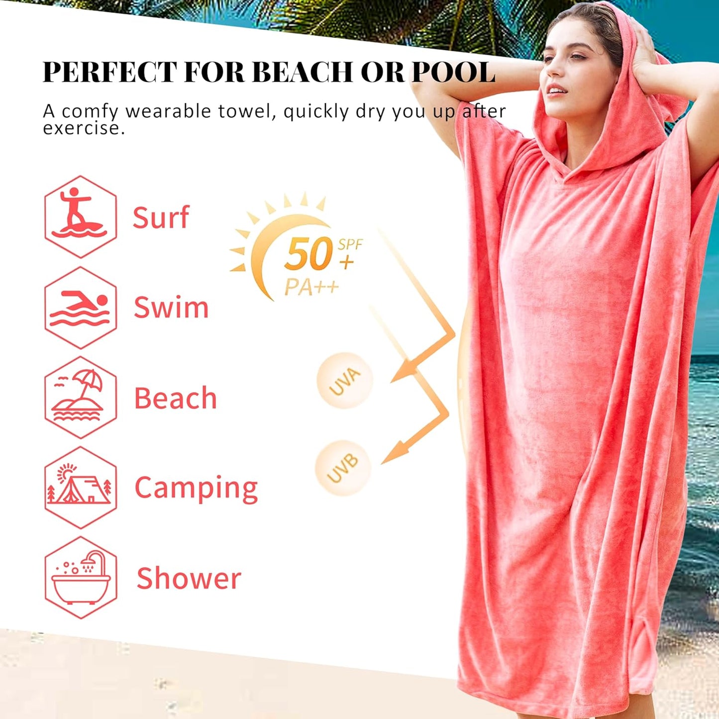 Unisex Surfponcho mit Kapuze, schnelltrocknend, Pfirsichrosa