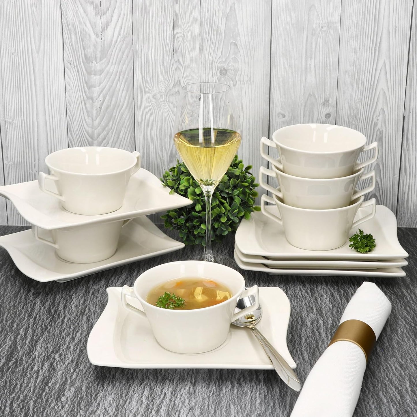 6-teiliges Suppenschüssel-Set Ivory mit Untertassen