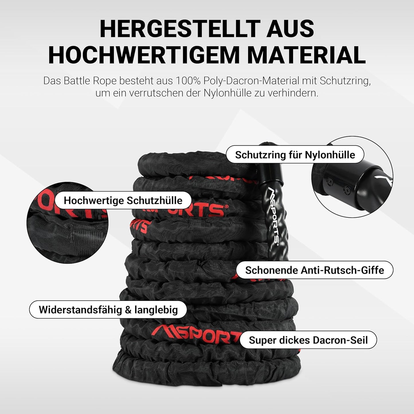 Battle Rope Trainingsseil, Schwarz / Rot - 15M - mit Stoffüberzug