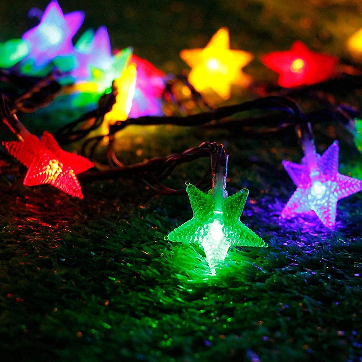Sternenförmige Solar LED Lichterkette, wetterfest, Bunt (1,19 €/M)