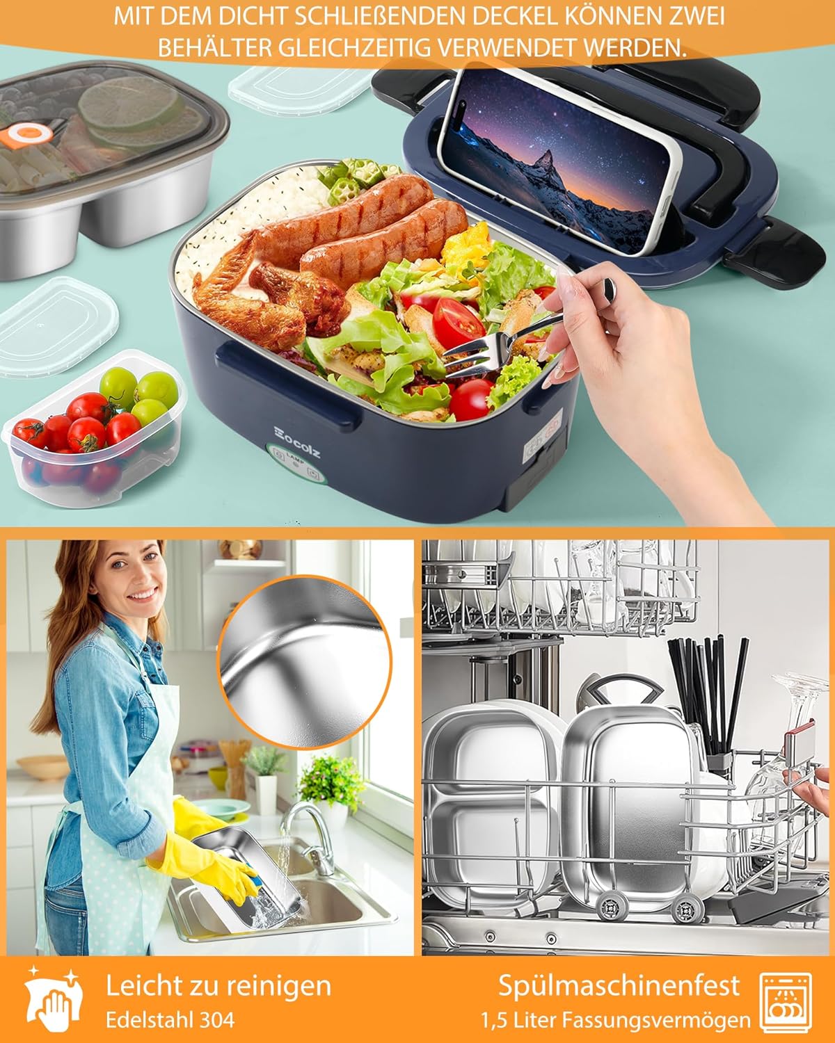 Elektrische Lunchbox mit Speisenwärmer, Blau-1.5l