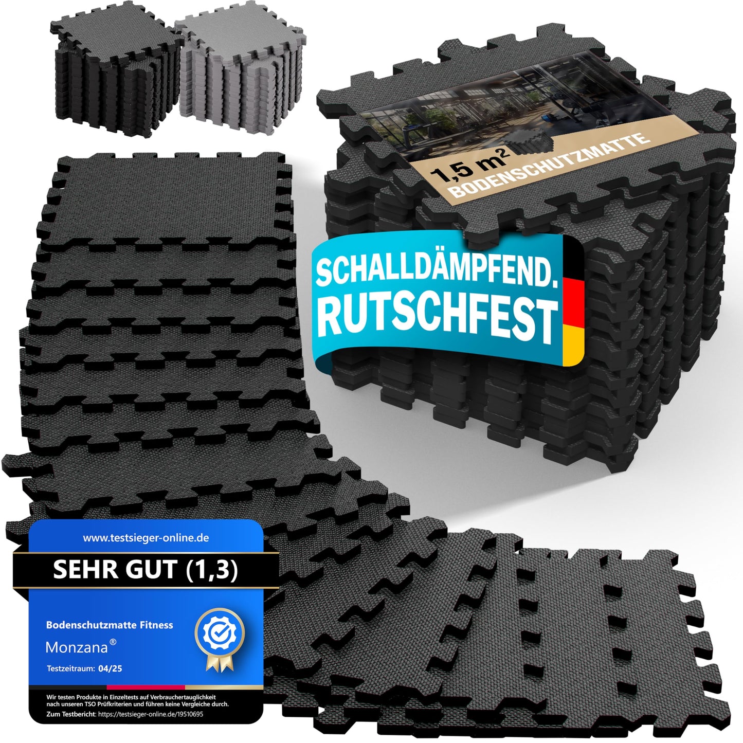 Bodenschutzmatten-Set für Fitness, 18 Matten | 1,5 m² | Schwarz
