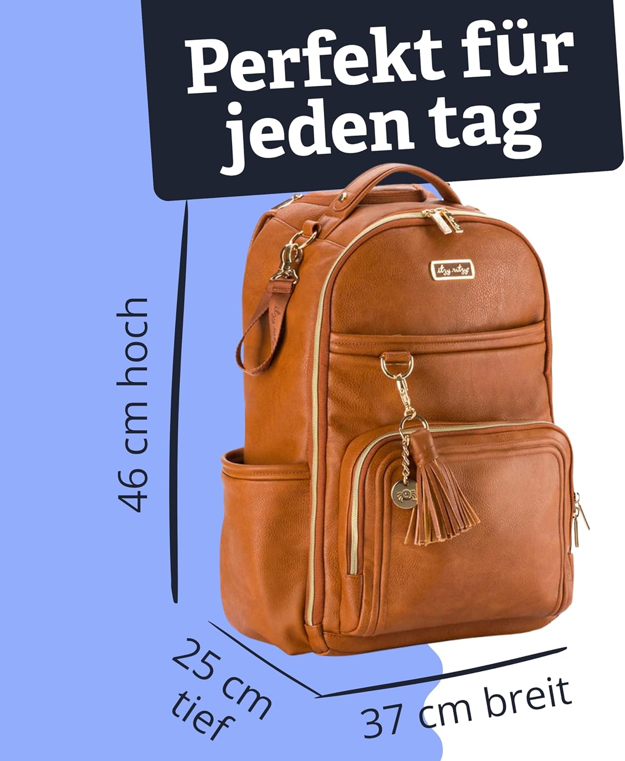 Wickelrucksack mit Wickelunterlage (19 Fächer), Cognac