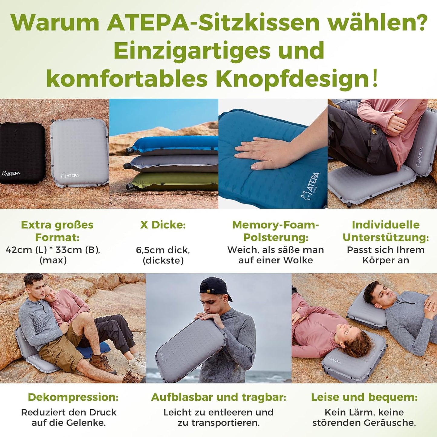 Faltbares, selbstaufblasendes Sitzkissen, Grau 1er Pack 42 x 33 x 6,5 cm