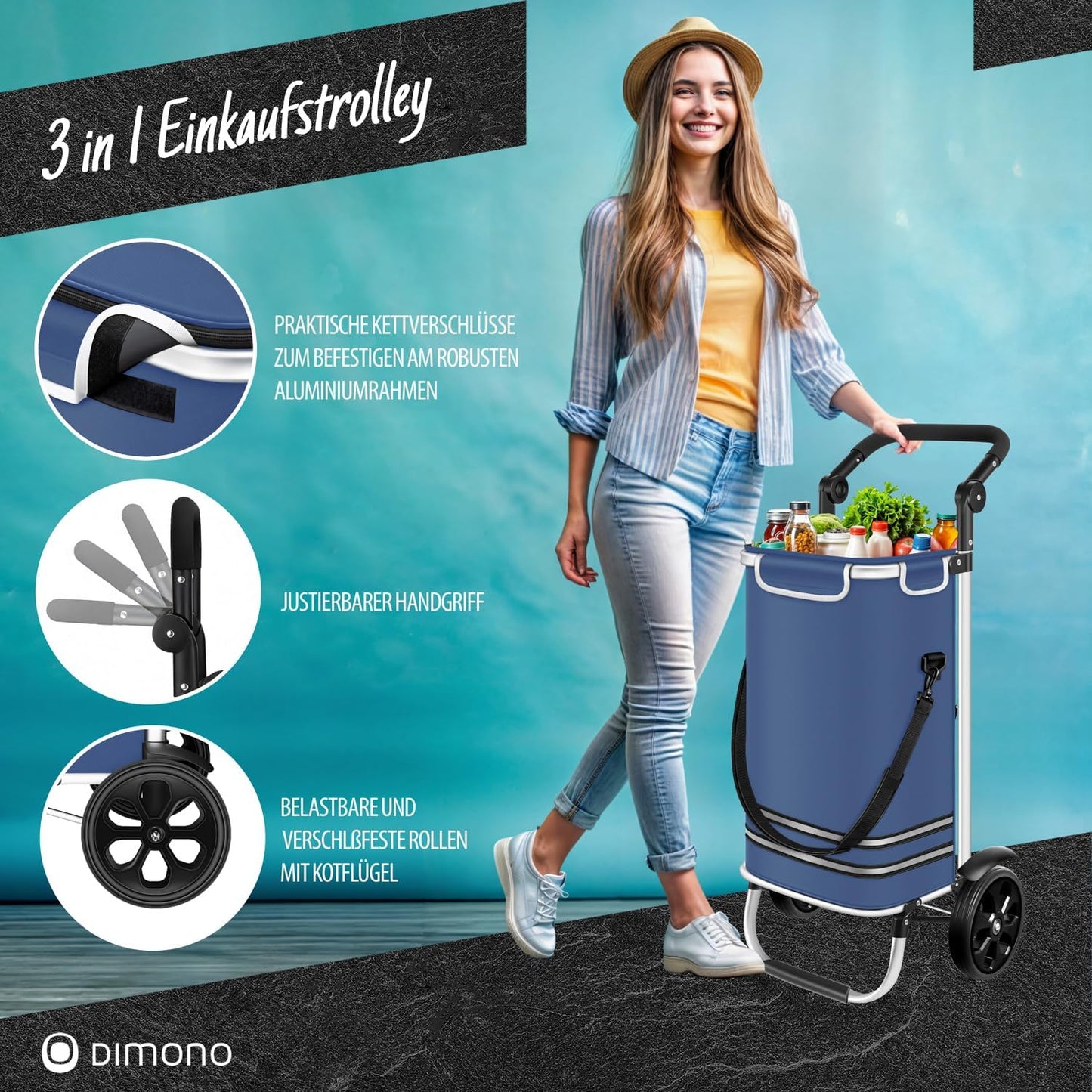 3-in-1 Einkaufstrolley Rolltex mit Kühlfach (56 L), Blau