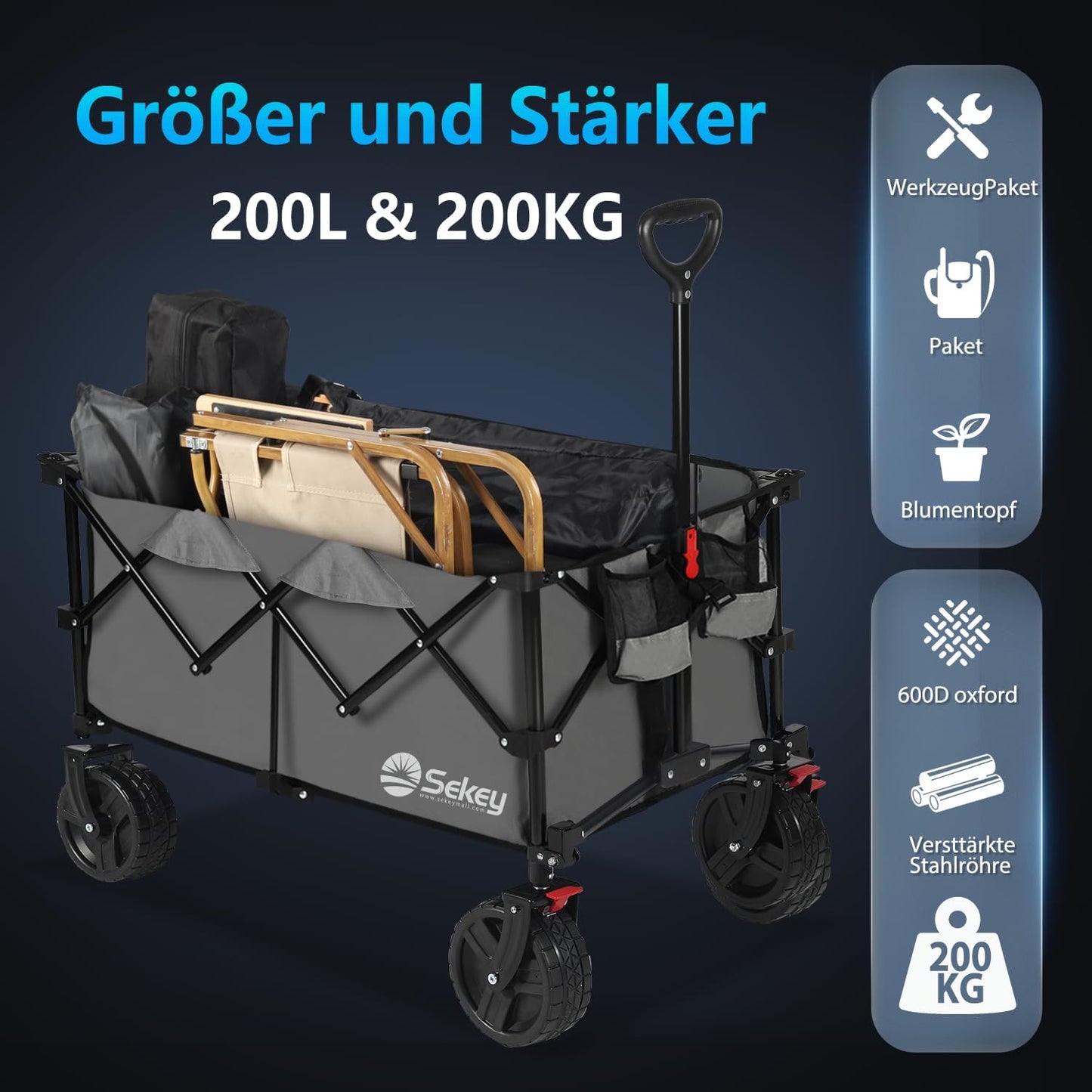 Faltbarer XXL Bollerwagen mit Bremsen 200L 200KG, Anthrazit 8cm Räder